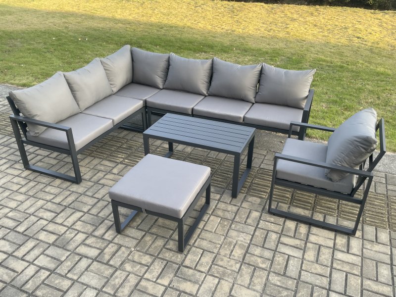 Fimous Aluminium Garden Furniture Set Outdoor Indoor Lounge Corner Sofa Chair Oblong Coffee Table Sets with Big Footstool Dark Grey