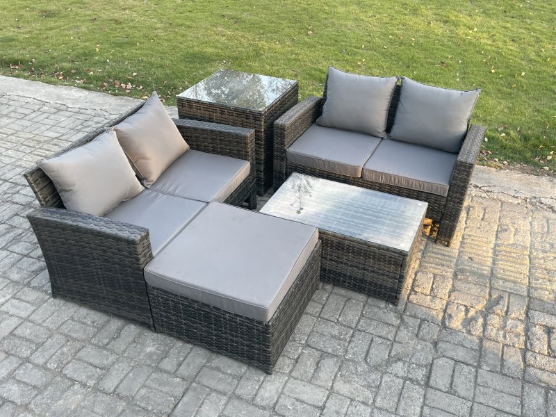 Fimous Wicker Rattan Garden Furniture Sofa Set with Rectangular Coffee Table Double Seat Sofa Big Footstool Side Table 5 Seater Outdoor Rattan Set Dark Grey Mixed
