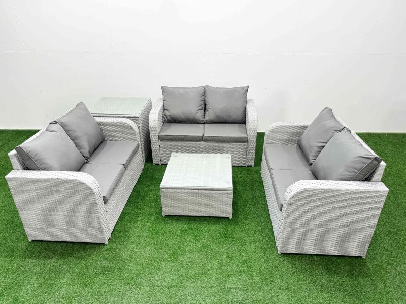 Fimous 6 Seater PE Wicker Rattan Furniture Sofa Sets with Square Coffee Table 2 Seater Love Sofa Side Table Light Grey
