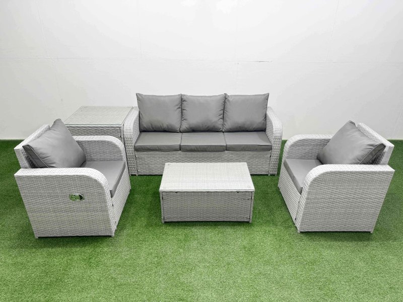 Fimous PE Rattan Garden Furniture Set Reclining Chair Sofa Lounge Sofa Set Oblong Coffee Table Side Table Light Grey