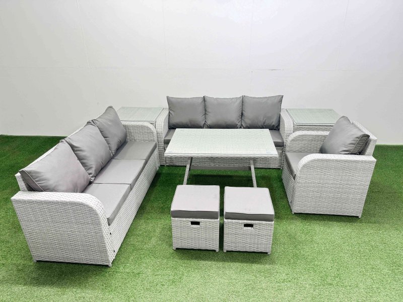 Fimous 8 Pieces Outdoor PE Rattan Garden Furniture with Cushions Reclining Chair 2 Side Tables 2 Small Stools Light Grey