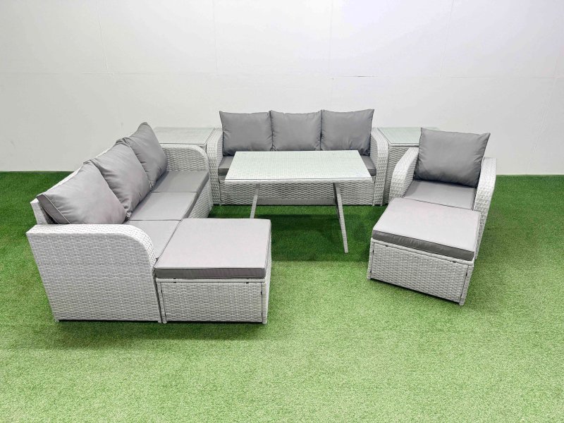 Fimous 8 Pieces Outdoor PE Rattan Garden Furniture with Cushions Reclining Chair 2 Side Tables 2 Big Stools Light Grey