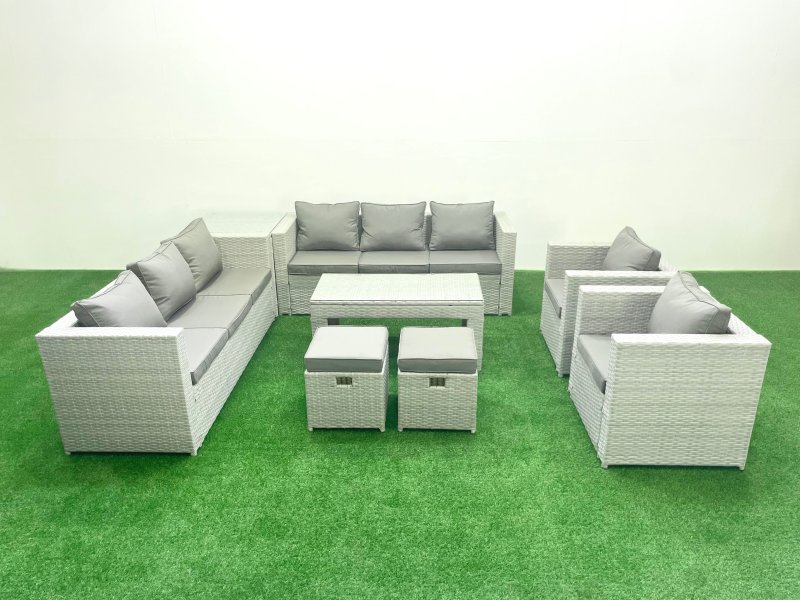 Fimous Outdoor Garden Furniture Rattan Sofa Set with 2 Armchairs Oblong Coffee Table 2 Small Footstools Side Table Light Grey Mixed