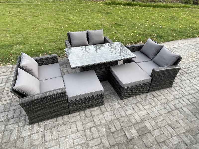 Fimous 8 Seater Wicker Rattan Garden Furniture Rising Table Set with 2 Big Footstool Double Seat Sofa Dark Grey Mixed
