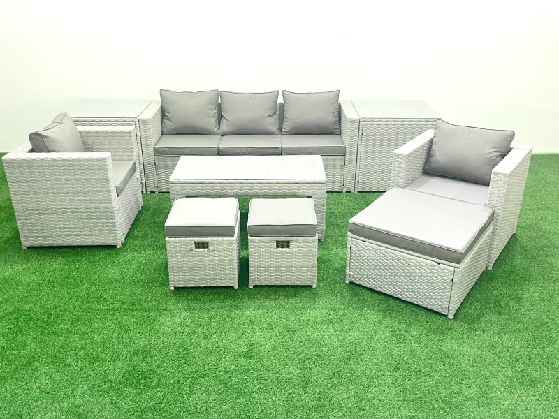 Fimous Rattan Garden Furniture Set 8 Seater Outdoor Garden Sofa Oblong Coffee Table Set with 2 Chairs 3 Stools 2 Side Tables Light Grey Mixed