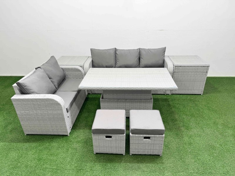 Fimous 7 Seater PE Rattan Wicker Garden Furniture Patio Conservatory Sofa Set with Adjustable Lifting Dining or Coffee Table 3 Seater Sofa Love Sofa 2 Stools 2 Side Table