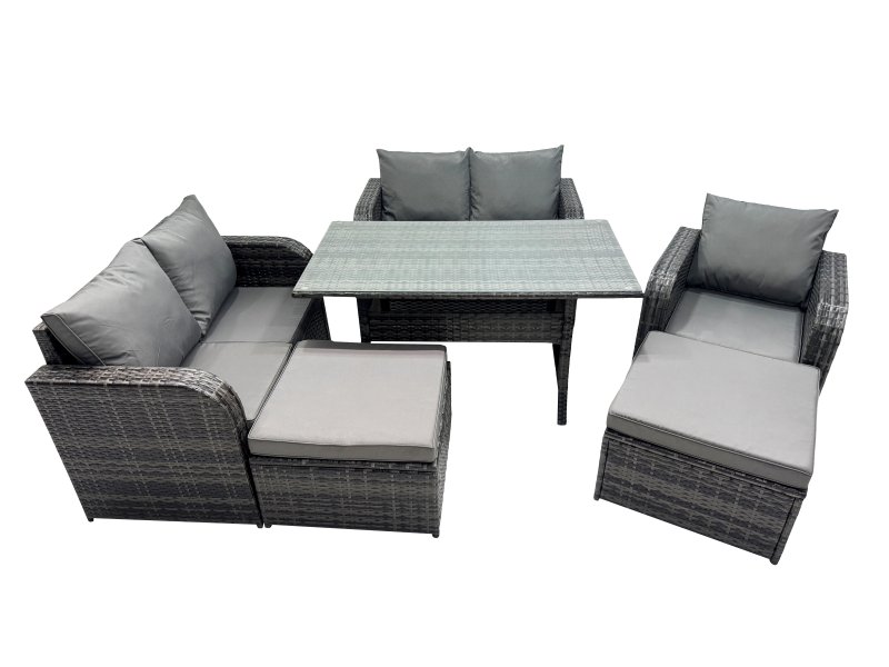 Fimous Wicker PE Rattan Garden Outdoor Furniture Set Love Sofa Dining Table Sets with 2 Big Stools Dark Grey Mixed