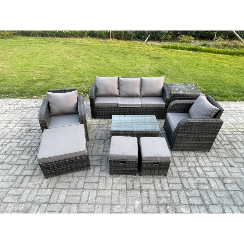 Fimous 8 Seater Rattan Garden Furniture Set Patio Outdoor Lounge Sofa Set with Rectangular Coffee Table 3 Footstools 3 Seater Sofa Side Table Dark Grey Mixed