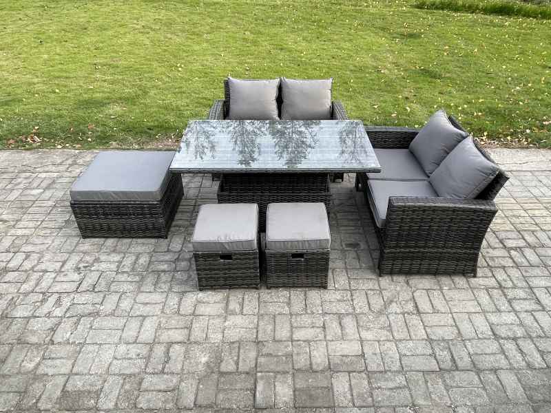 Fimous 7 Seater Wicker Rattan Garden Furniture Rising Table Set with 3 Footstool Double Seat Sofa Dark Grey Mixed