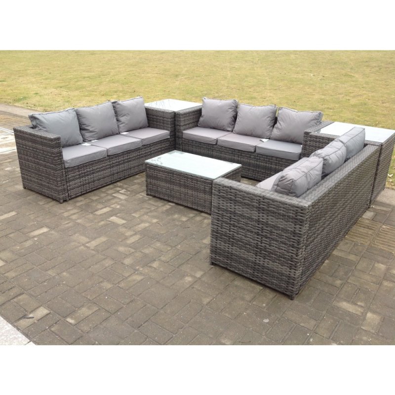 Fimous Outdoor Rattan Garden Furniture Lounge Sofa Set With Oblong Coffee Table And 2 Side Tall Table
