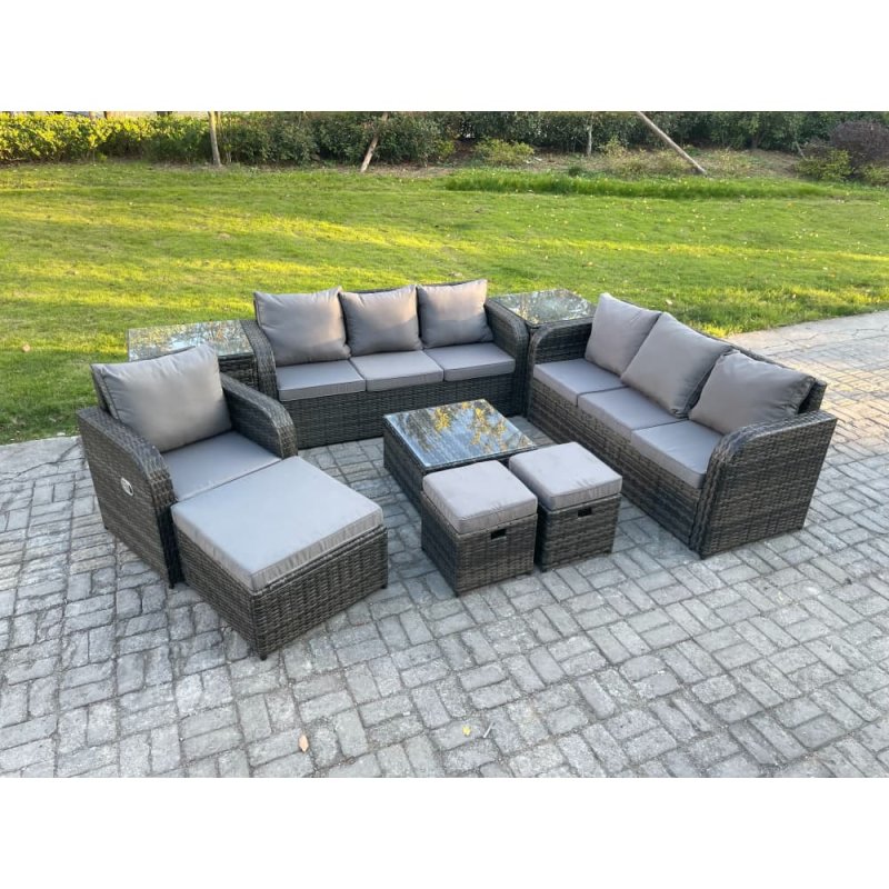 Fimous 10 Seater Outdoor Rattan Garden Furniture Set Conservatory Patio Sofa Coffee Table With Reclining Chair 3 Footstools 2 Side Tables Dark Grey Mixed