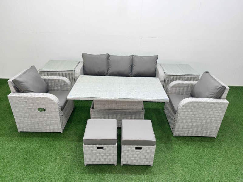 Fimous PE Rattan Garden Furniture Set Reclining Chair Sofa Lounge Sofa Set Adjustable Lifting Dining or Coffee Table 2 Side Table 2 Small Stools Light Grey