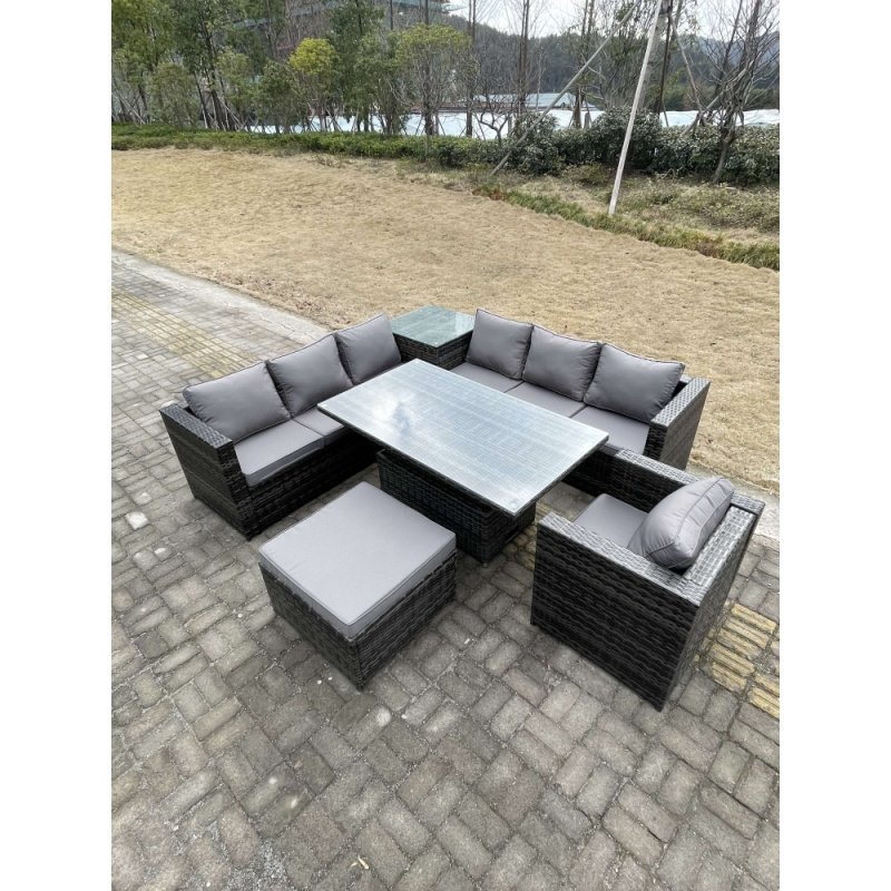 Fimous 8 Seater PE Rattan Corner Sofa Set Rising Adjustable Dining Table Set High Side Coffee Table With Arm Chair Big Footstool