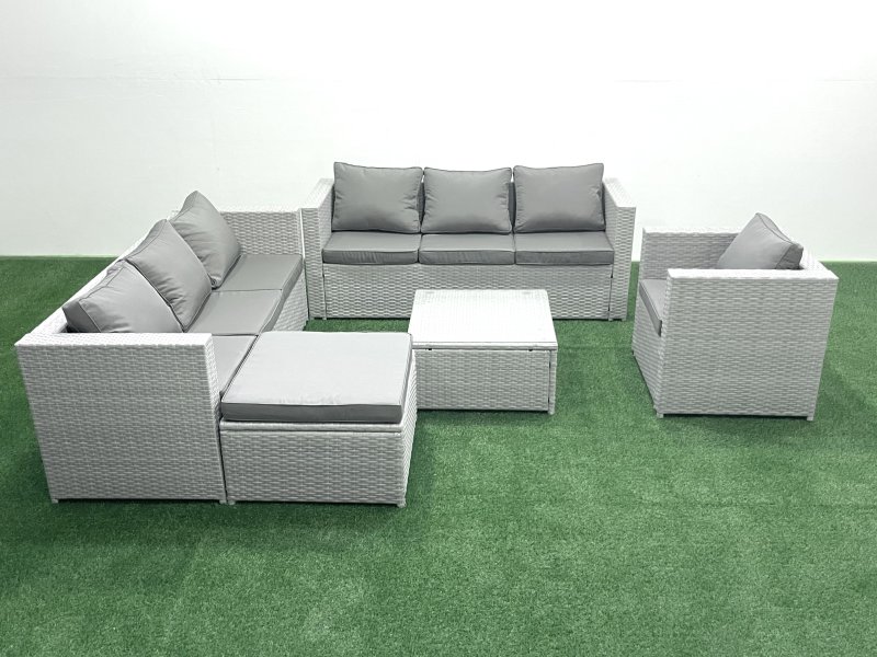Fimous Wicker PE Rattan Sofa Garden Furniture Set with Armchair Square Coffee Table Big Footstool Light Grey Mixed