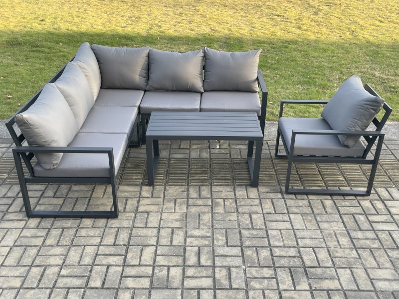 Fimous Aluminium Outdoor Garden Furniture Set Lounge Sofa Oblong Coffee Table Sets with Chair Indoor Conservatory Set Dark Grey