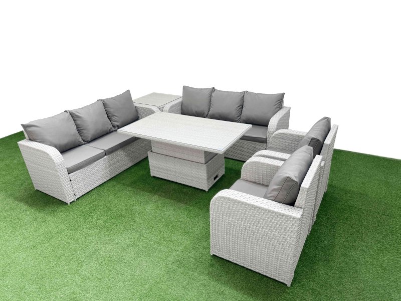 Fimous PE Rattan High Back Lounge Sofa Set Patio Adjustable Lifting Dining or Coffee Table & Chairs Set with 3 Seater Sofa Reclining Chair Side Table Light Grey