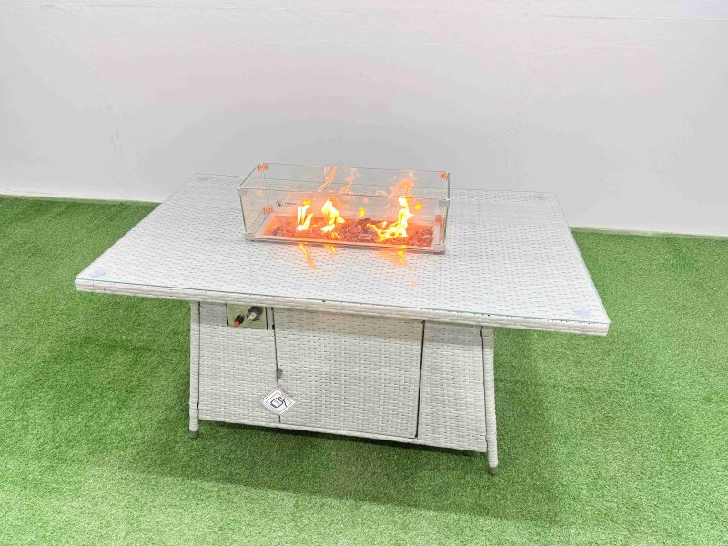 Fimous Rattan Corner Sofa Chair Set Outdoor Furniture Garden Dining Set Gas Fire Pit Table with Temper Glass Light Grey Mixed