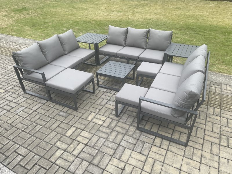 Fimous Aluminium Outdoor Garden Furniture Set Patio Lounge Sofa with Square Coffee Table 2 Side Tables 3 Footstools Conservatory Set Dark Grey