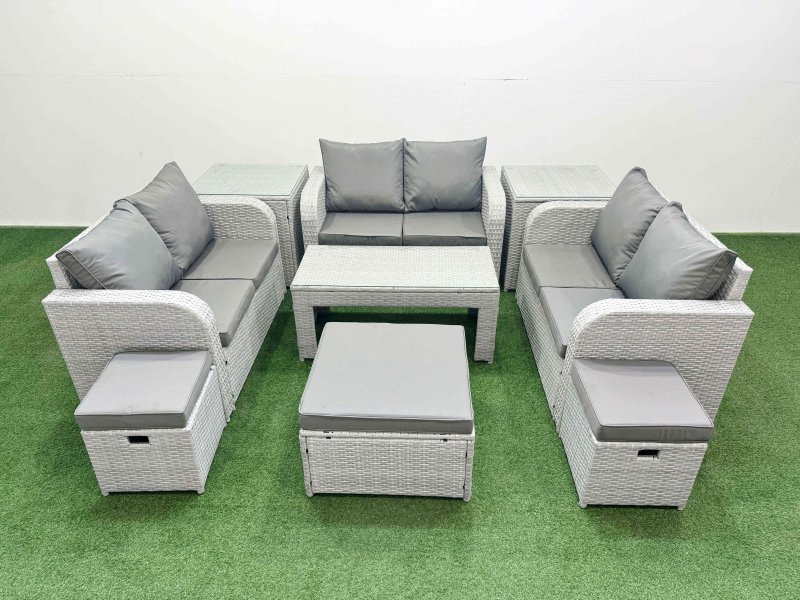 Fimous 9 Seater PE Wicker Rattan Furniture Sofa Sets with Oblong Coffee Table 2 Seater Love Sofa 3 Stool 2 Side Table Light Grey