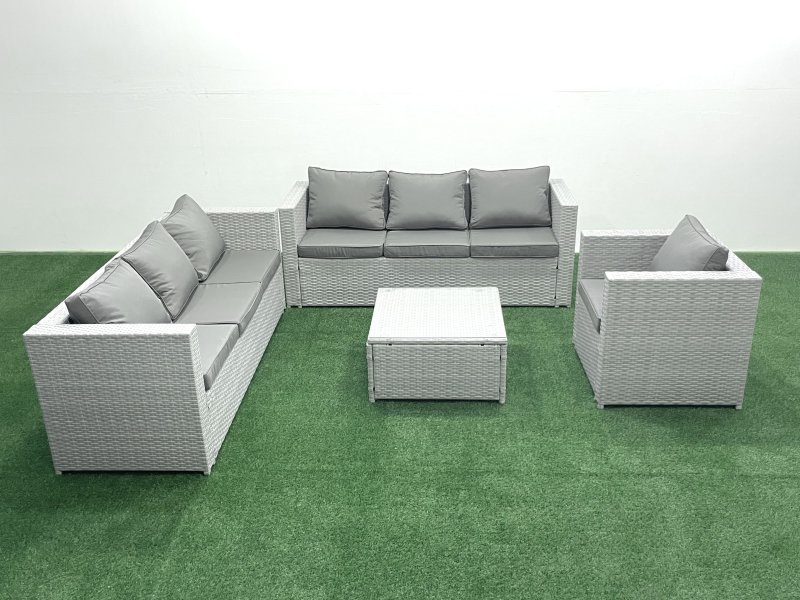 Fimous Wicker PE Rattan Sofa Garden Furniture Set with Armchair Square Coffee Table Light Grey Mixed