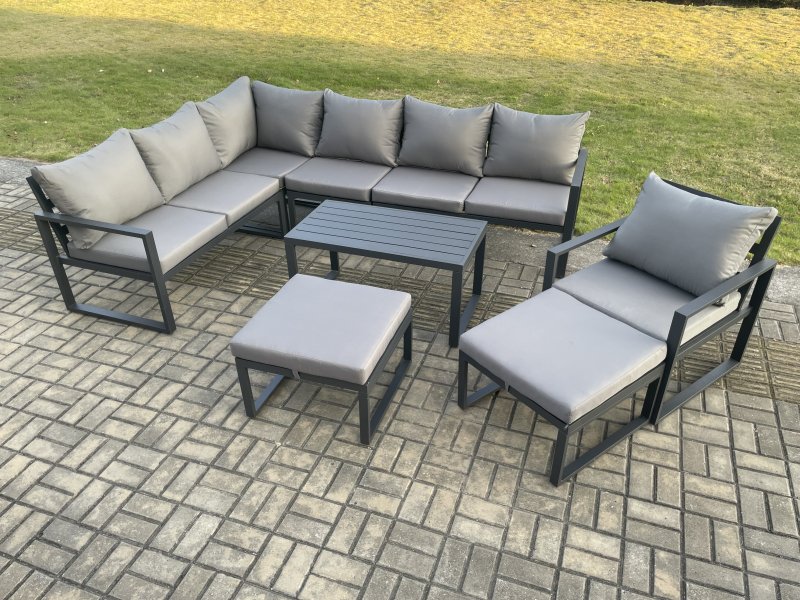 Fimous Aluminum 9 Seater Outdoor Lounge Corner Sofa Set Garden Furniture Sets with Oblong Coffee Table Chair 2 Big Footstool Dark Grey