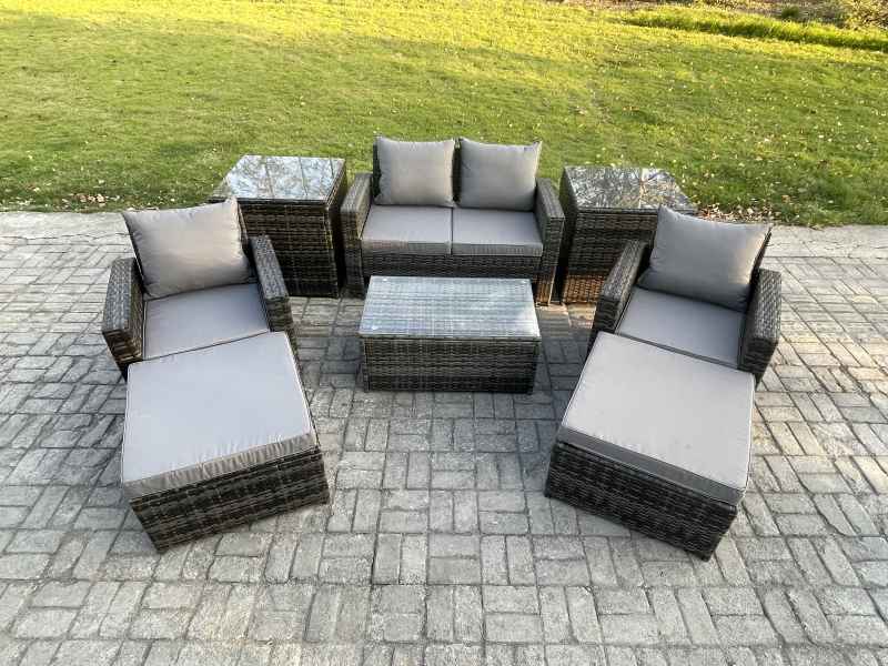 Fimous 6 Seater Dark Grey Outdoor Rattan Garden Furniture Set Patio Lounge Sofa Rectangular Coffee Table with 2 Side Tables 2 Big Footstool