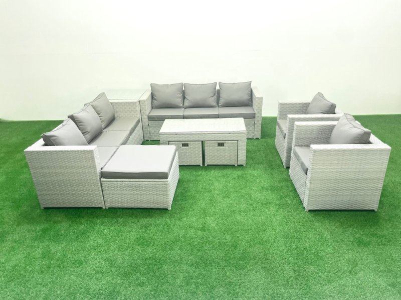 Fimous Outdoor Garden Furniture Rattan Sofa Set with 2 Armchairs Oblong Coffee Table 3 Footstools Side Table Light Grey Mixed