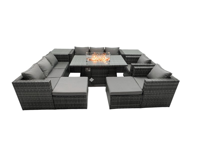 Fimous Rattan Garden Furniture Firepit Dining Set 10 Seater Lounge Sofa Table Set with 2 side table 2 big Footstool