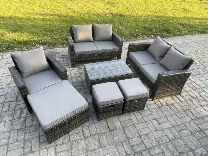 Fimous Rattan Garden Furniture Set 8 Seater Patio Outdoor Lounge Sofa Chair Set with Rectangular Coffee Table 3 Footstools Dark Grey Mixed
