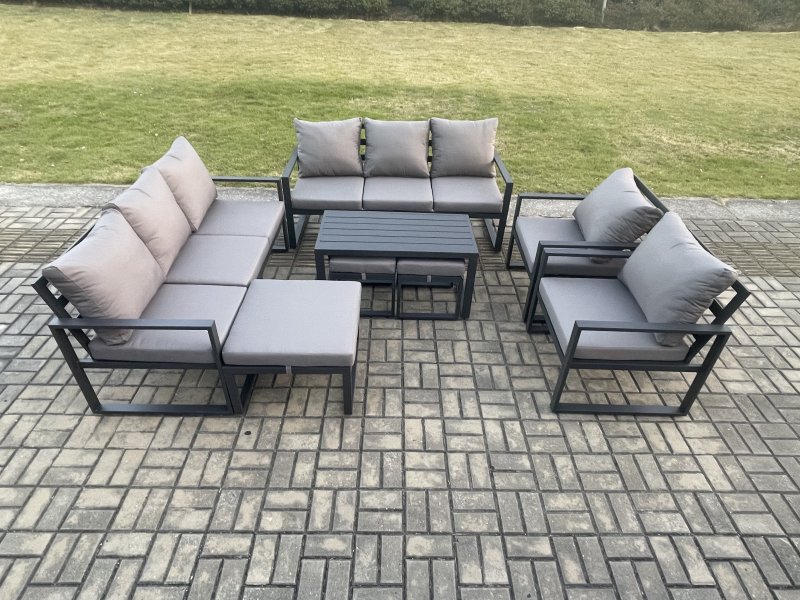 Fimous Aluminium Outdoor Garden Furniture Lounge Sofa 2 PC Chairs Oblong Coffee Table Sets with 3 Footstools Dark Grey
