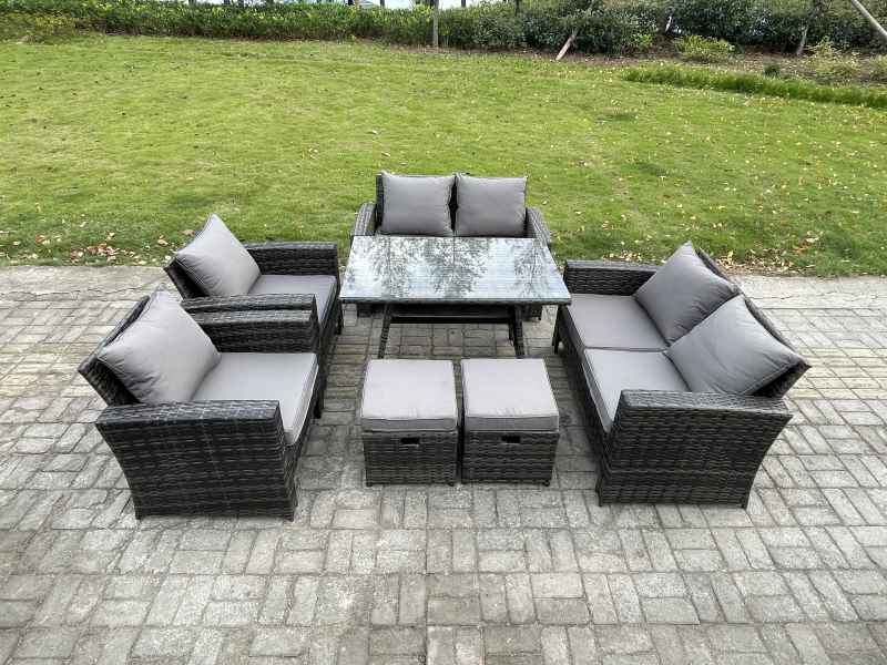 Fimous Rattan Garden Furniture Set Patio Outdoor Lounge Sofa Set with Rectangular Dining Table Double Seat Sofa 2 Small Footstools Dark Grey Mixed