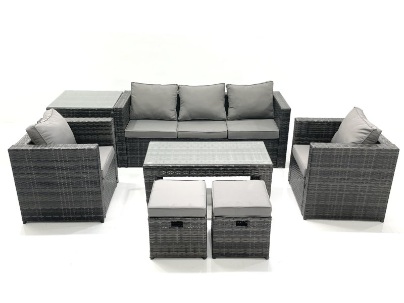 Fimous Rattan Garden Furniture Set Outdoor Lounger Sofa with Coffee Table 2 Armchair 2 Small Footstools Side Table Dark Grey Mixed