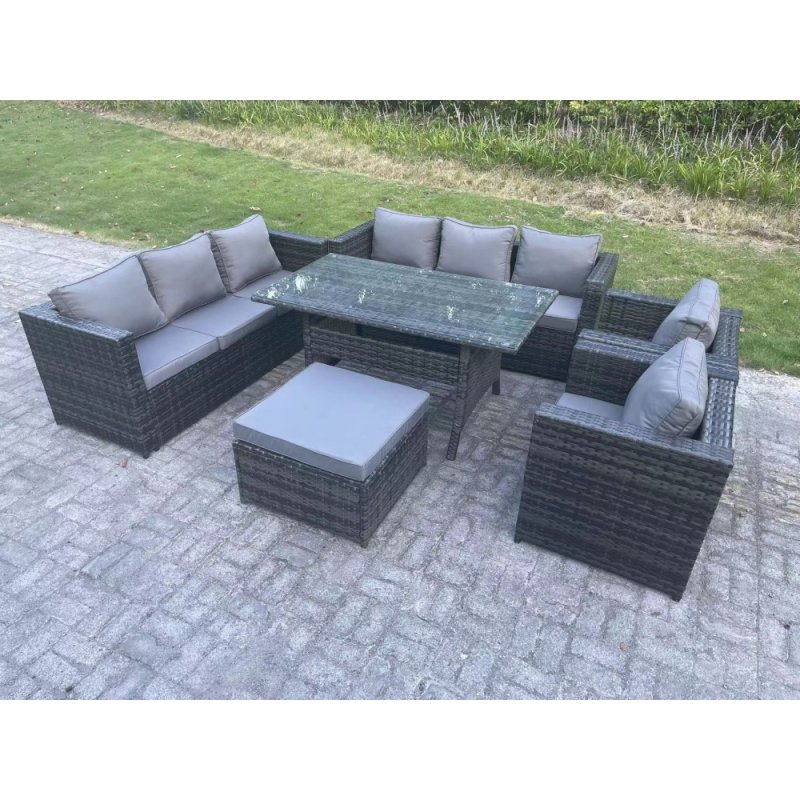 Fimous Outdoor Lounge Sofa Garden Furniture Set Patio Rattan Rectangular Dining Table with 2 Armchair Big Footstool 9 Seater Dark Grey Mixed
