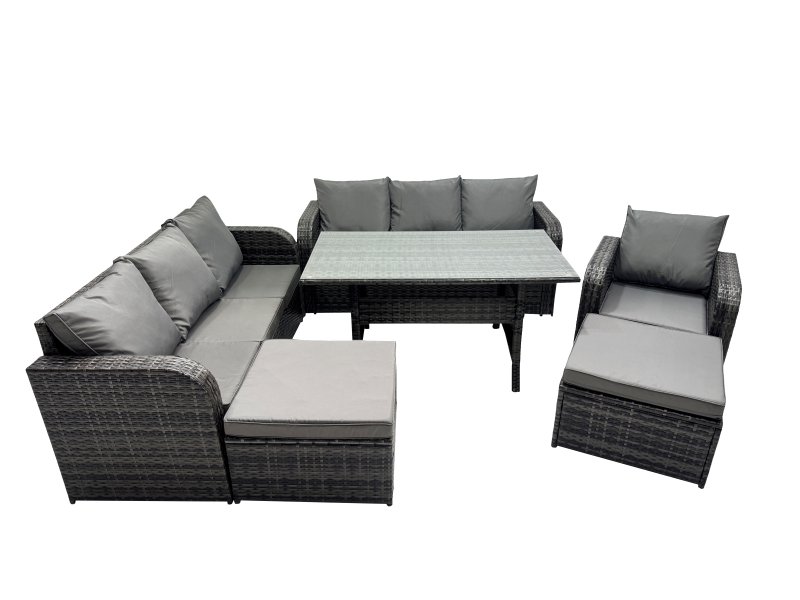Fimous 9 Seat Outdoor Wicker PE Rattan Garden Furniture Set Dining Table Sofa Set with 2 Big Stool Dark Grey Mixed