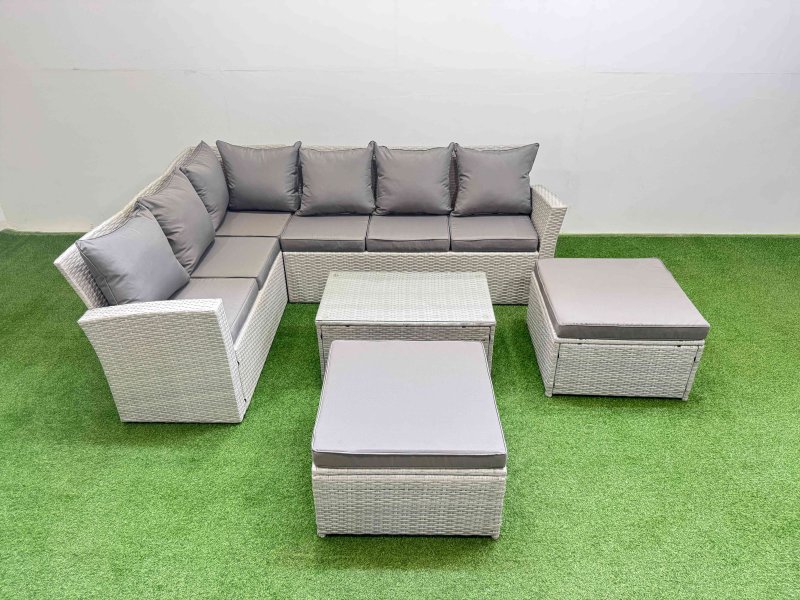 Fimous 8 Seater Garden Outdoor PE Rattan Furniture Set Rattan Garden Sofa Set with Oblong Coffee Table Light Grey Mixed