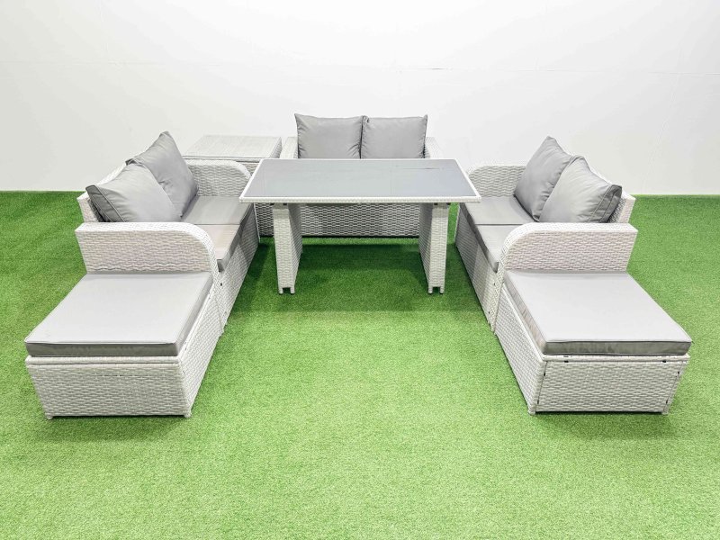 Fimous 8 Seater Patio Garden Furniture Sets with Black Glass Top Dining Table Love Sofa Side Table 2 Big Stool Light Grey