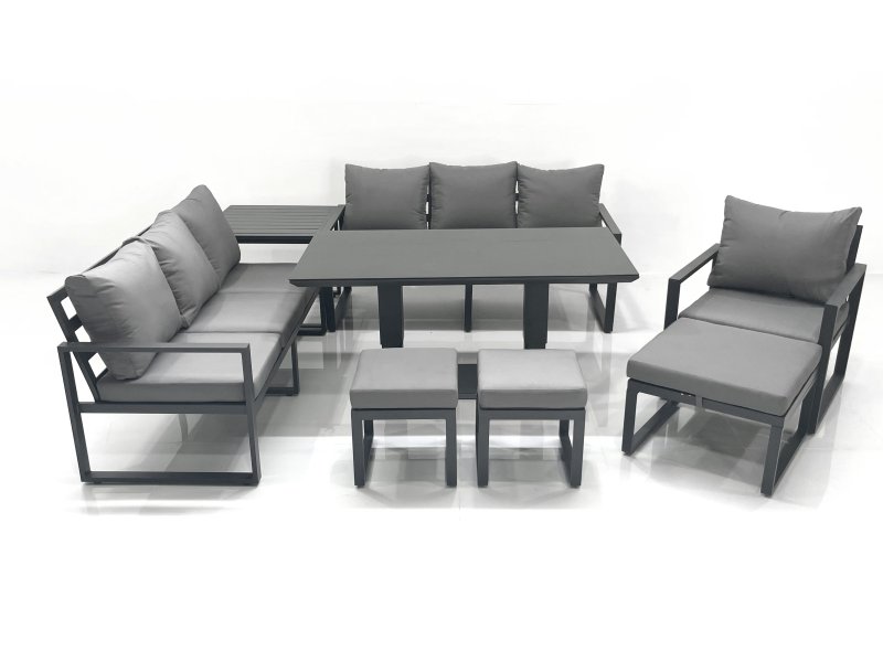 Fimous Outdoor Garden Furniture Set Aluminium Lounge Sofa Adjustable Rising Lifting Dining Table Sets with 3 Footstools Side Table Dark Grey