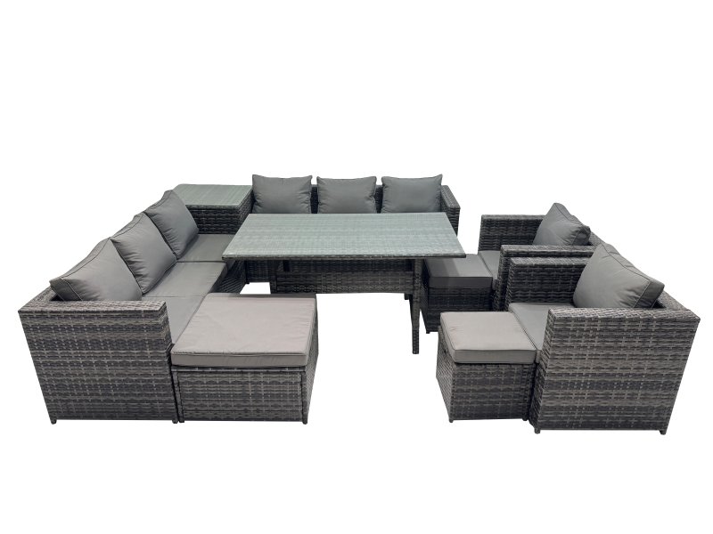 Fimous Outdoor Corner Sofa Chair Dining Table Set Garden Rattan Furniture Set 11 Seater with Side Table 3 Stool Dark Grey