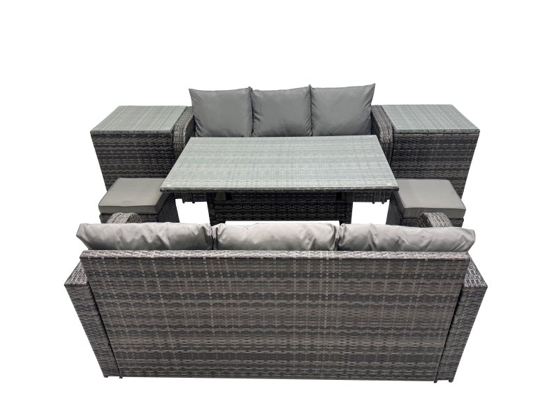 Fimous 8 Seat Outdoor Wicker PE Rattan Garden Furniture Set Dining Table Sofa Set with 2 Small Stool 2 Side Tables Dark Grey Mixed