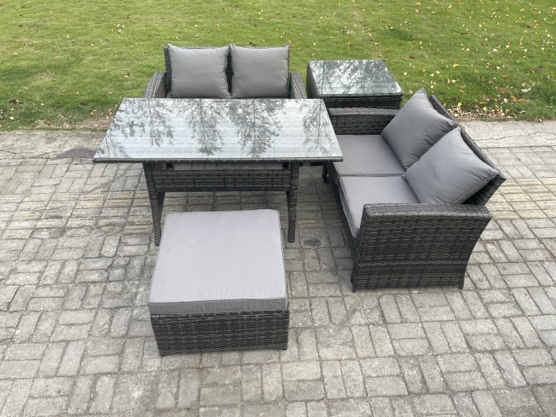 Fimous PE Wicker Rattan Garden Furniture Set Love Sofa Outdoor Rectangular Dining Table Big Footstool Side Table Dark Grey Mixed