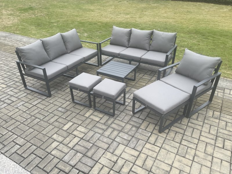 Fimous Aluminium Outdoor Lounge Sofa Set Garden Furniture Sets with Square Coffee Table Chair 3 Footstools Dark Grey