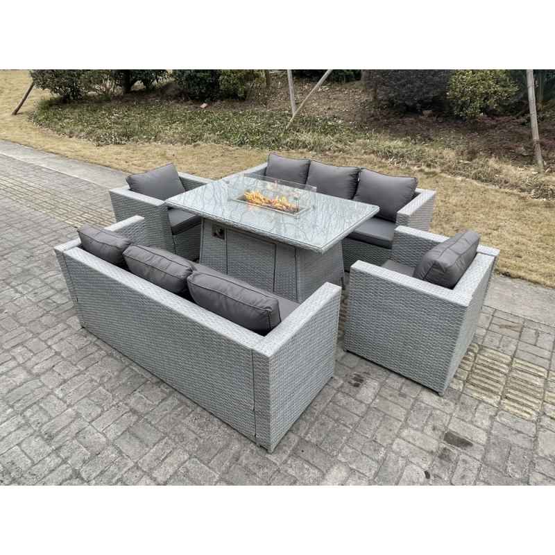 Fimous Light Grey Rattan Garden Furniture Set Gas Fire Pit Dining Set Heater Burner Lounge Sofa Chairs Outdoor