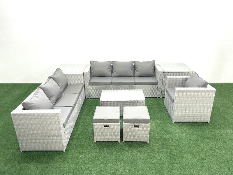 Fimous Wicker PE Rattan Sofa Garden Furniture Set with Armchair Oblong Coffee Table 2 Small Footstools 2 Side Tables Light Grey Mixed