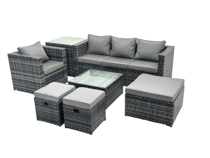 Fimous Outdoor Rattan Garden Furniture Set 7 Seater Patio Lounge Sofa Set with Armchair Square Coffee Table Side Table 3 Footstools Dark Grey Mixed
