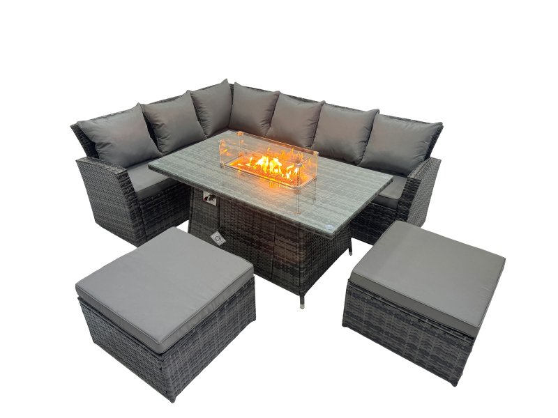 Fimous Poly Rattan Outdoor Patio Gas Firpit Dining Table Corner Sofa Set with 2 Big Stools for Garden Backyard Dark Grey Mixed