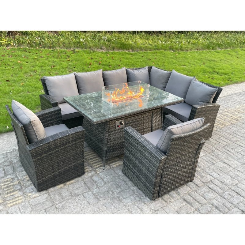 Fimous High Back Rattan Corne r Sofa Set Garden Furniture Sofa Gas Fire Pit Dining Table Gas Heater With 2 Arm Chair 8 Seater