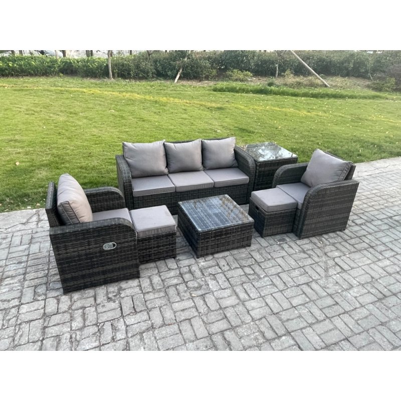 Fimous Garden Furniture Sets 7 Seater Wicker Rattan Furniture Patio Sofa Sets with Reclining Chair 3 Seater Sofa Side Table 2 Small Footstools Dark Grey Mixed