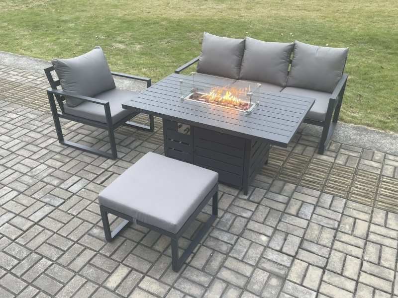 Fimous Aluminium Outdoor Garden Furniture Set Gas Fire Pit Dining Table Set Gas Heater Burner with Big Footstool Dark Grey 5 Seater