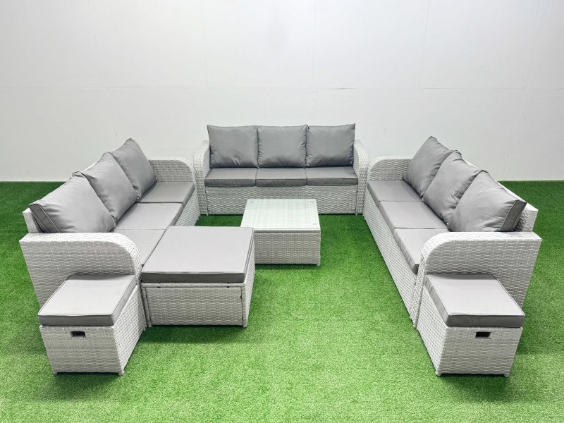 Fimous PE Rattan Lounge Sofa Set 12 Seater Outdoor Garden Furniture Set with Square Coffee Table 3 Seater Sofa 3 Stools Light Grey