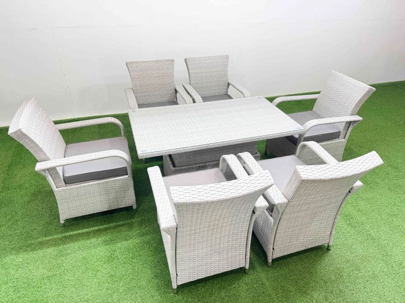 Fimous Outdoor Rattan Garden Furniture Set Patio 6 Chairs Plus Height adjustable dining table Sets Light Grey Mixed